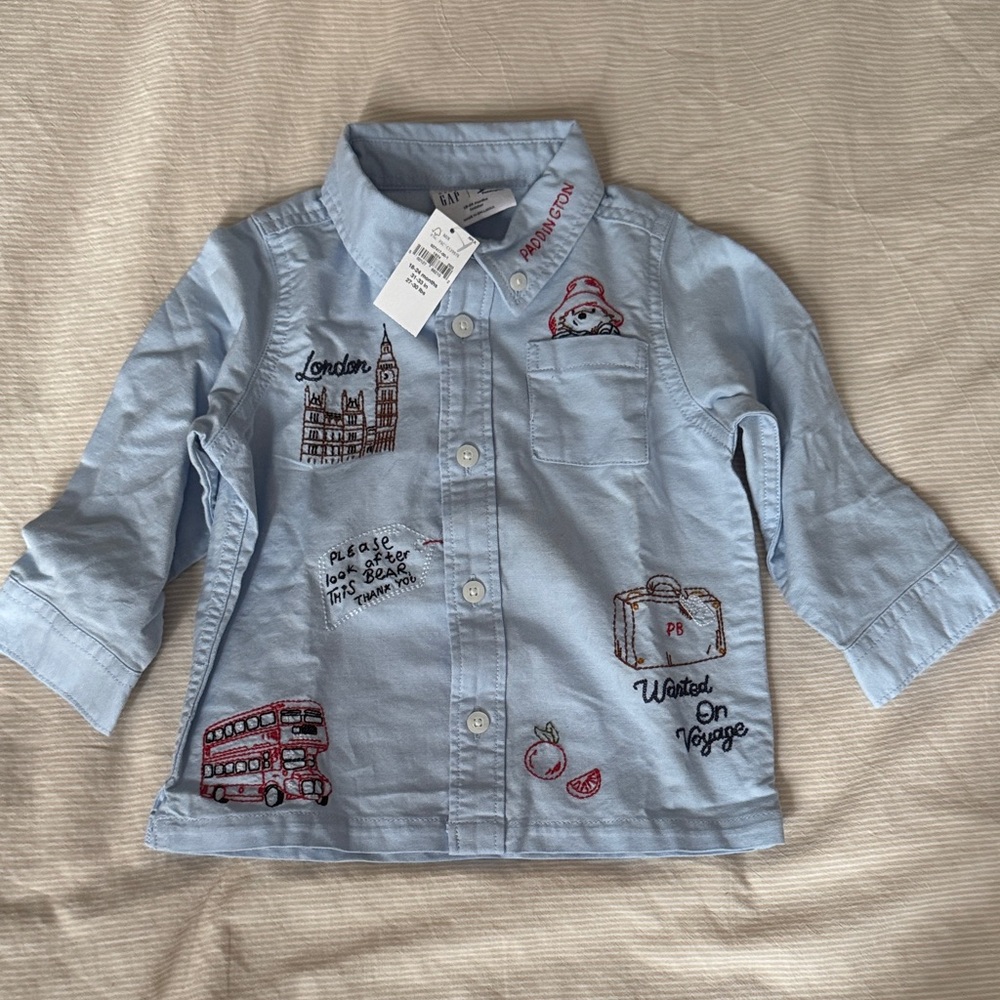 Brand New GAP X paddington bear Light Blue Embroidered Button-Up Shirt
